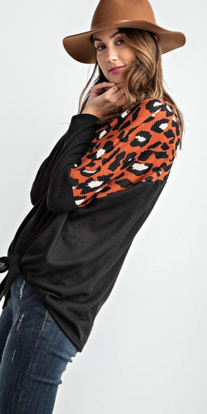 Contrast Animal Print Waffle Top with Waist Knot