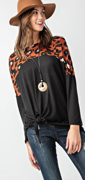 Contrast Animal Print Waffle Top with Waist Knot