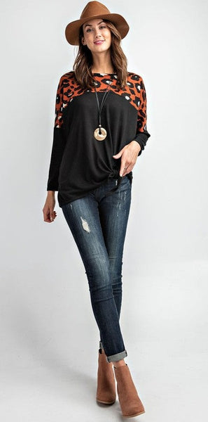 Contrast Animal Print Waffle Top with Waist Knot