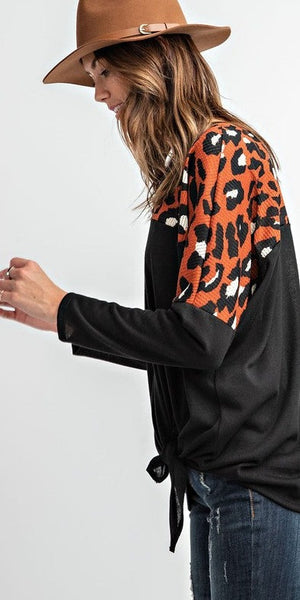 Contrast Animal Print Waffle Top with Waist Knot