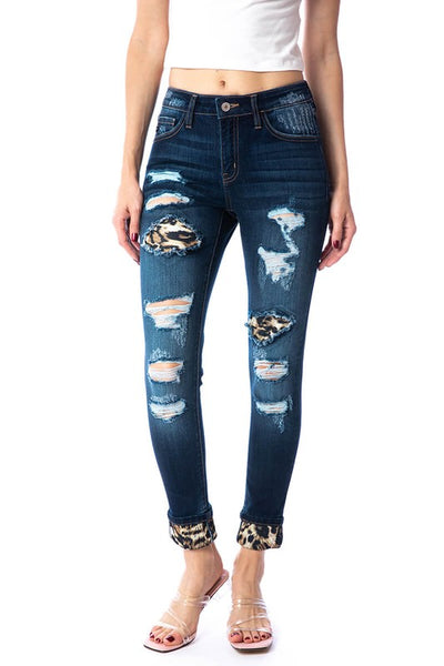 KanCan Distressed Leopard Detail Jeans