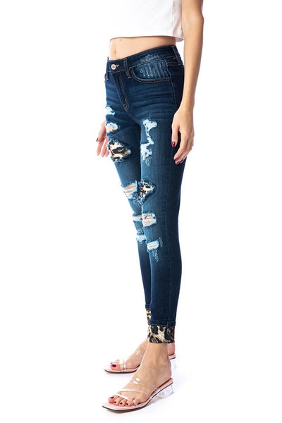 KanCan Distressed Leopard Detail Jeans