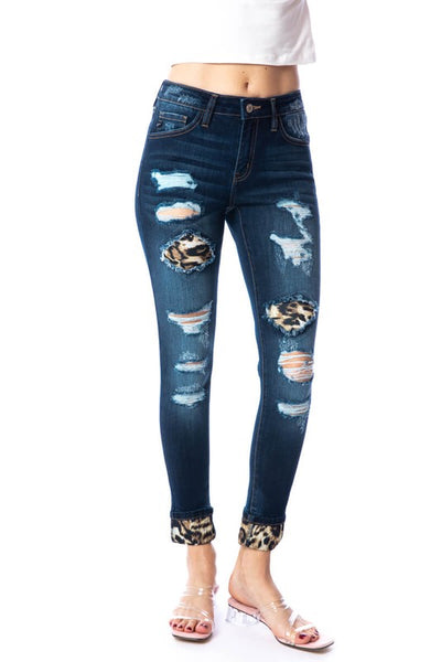 KanCan Distressed Leopard Detail Jeans
