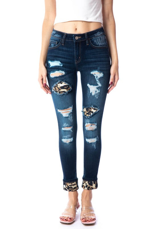 KanCan Distressed Leopard Detail Jeans