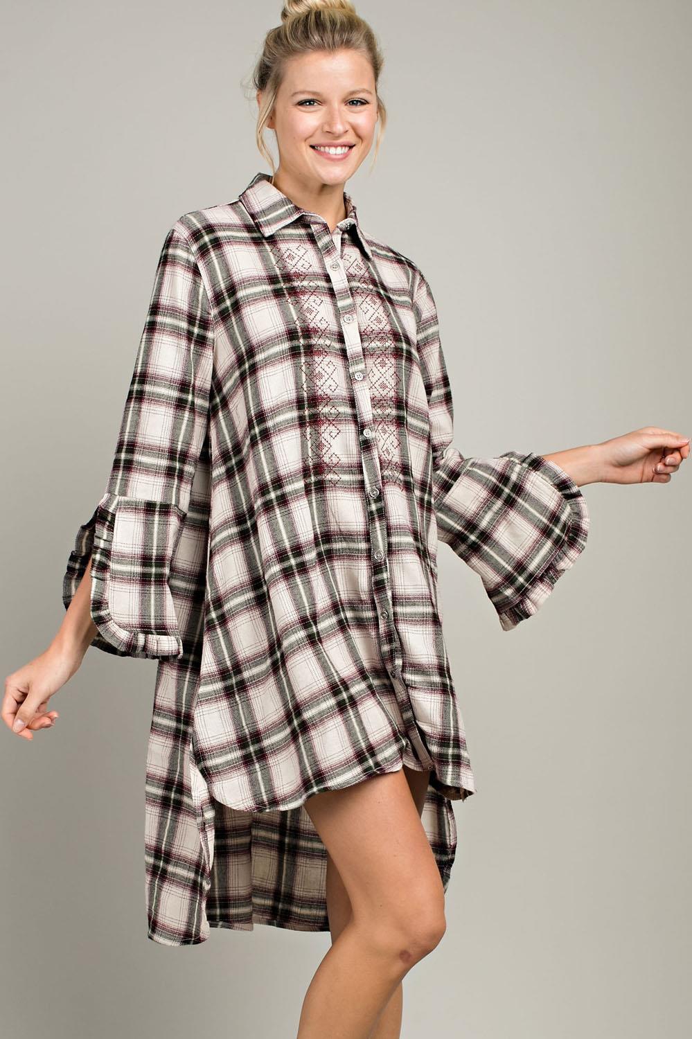 Embroidered Plaid Shirt Dress