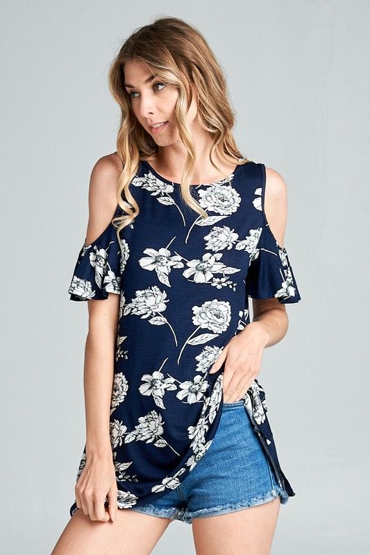 Floral Jersey Open Shoulder Flutter Sleeve Tunic Top