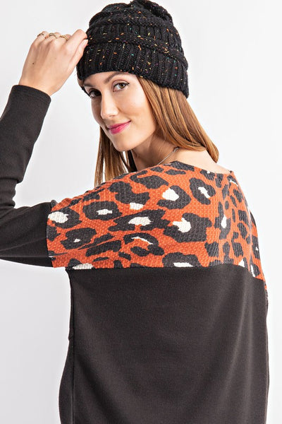 Contrast Animal Print Waffle Top with Waist Knot