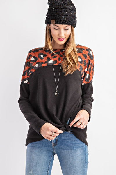 Contrast Animal Print Waffle Top with Waist Knot