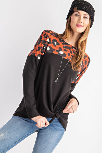 Contrast Animal Print Waffle Top with Waist Knot